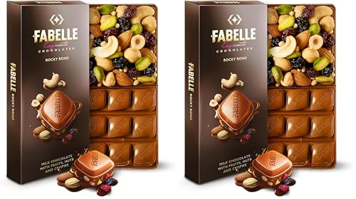 Image of Fabelle Rocky Road -Luxury Handcrafted Milk Chocolate Bar with Dry Fruits, Crunchy Nuts and Crispies,120g, Premium Milk Chocolate Gift, Chocolate Bar (Pack of 2)