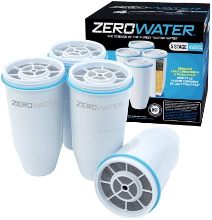 ZeroWater Replacement Filters, 4-Pack, BPA Free, Replacement Filters for ZeroWater Pitcher and Dispenser, NSF Certified, Removes Lead and Other Heavy Metals