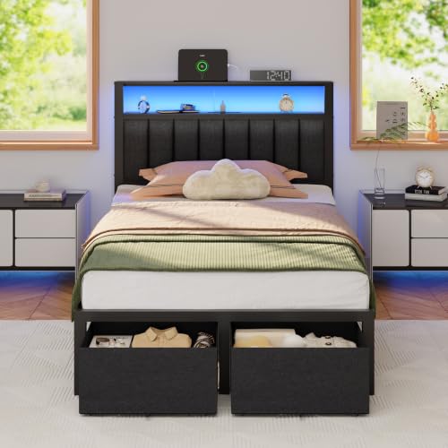 Image of Furnulem Twin Bed Frames with Storage Drawers and Upholstered Headboard