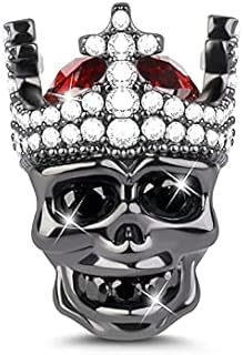 GNOCE Skull Charm Bead 925 Sterling Silver Black Crown Charm Black Plated with CZs Fit for Bracelet/Necklace Christmas Charm Gifts for Women Men