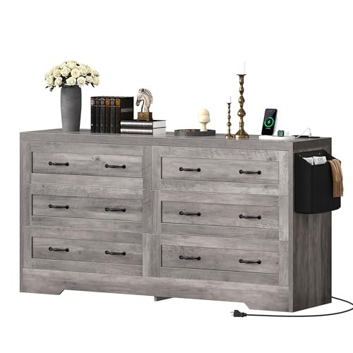 DWVO Farmhouse 6 Drawer Dresser for Bedroom, 59" Wide Modern Dresser TV Stand with Large Drawers & Bar Handles, Storage Dressers with Power Outlets, Rustic Wood Chest of Drawers, Grey