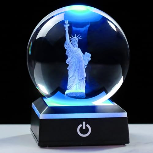 Enjinkail Boule de cristal 3D Statue de la Liberté Figurines souvenirs de New York City Cadeaux pour femmes hommes adultes avec base LED Veilleuse Décor USA...