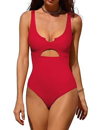 Charmo Ribbed Cutout One Piece Bathing Suit for Womens High Cut Padded Monokini Slimming Swimsuit Red L