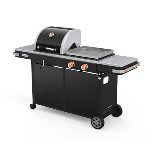 BRASERO BY FAVEX – Bi‑Energy L – Plancha gaz et barbecue charbon – 2 x 3,​6 kW – plaque inox 49 x 42 cm – grille 48 x 42 cm – réglage charbon par manivelle – 10 à 12 convives