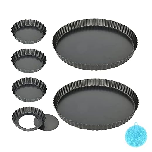 6-pack tårtburkar med lös bas, non-stick flan tenn mini 4 tum/10 cm x 4 och 8,6 tum/22 cm x 2 räfflad rund pajburk för bakning quiche paj, kolstål, highkit
