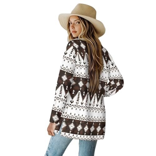 Image of Women's Aztec Open-Front Jacket Lightweight Casual Outerwear Native Western Aztec Pattern & Plaid Houndstooth Print