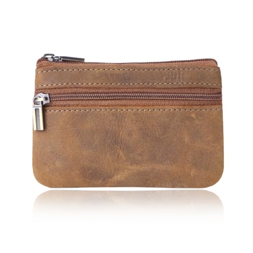 Porte-monnaie en cuir véritable pour homme et femme, avec deux compartiments, fermeture éclair, porte-clés, mini porte-monnaie, porte-monnaie (Brun)