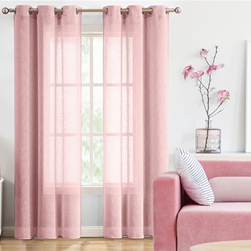 Cortina semitransparente com textura de linho de Natal blush rosa ilhós 213 cm de comprimento para q