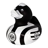 Schwarze Badeente im schwarz-weiß gestreiften Trikot