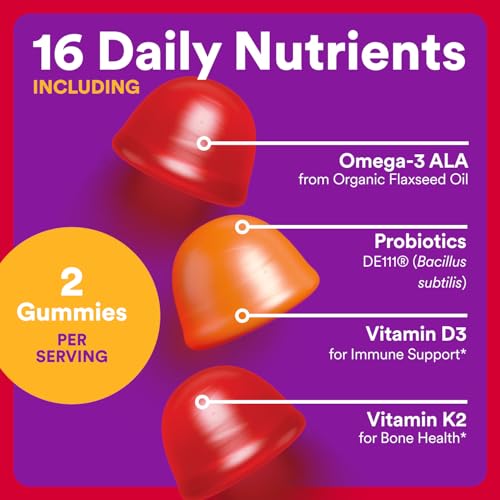 SmartyPants Organic Toddler Multivitamin Gummies: Probiotics, Omega 3 (ALA), Vitamin D3, C, Vitamin B12, B6, A, K & Zinc, Beta Carotene, Gluten Free, Three Fruit Flavors, 60 Count (30 Day Supply) - Thumbnail 4