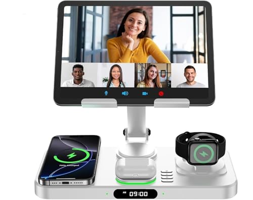 Image of Wireless Charger for Apple Multiple Devices, Charging Station with Clock &7 Color Ambient Light, Foldable Rotate Stand for iPad, for iPhone16 /15 /14, for Apple Watch10 /9 AirPods4 (Adapter Not Included)