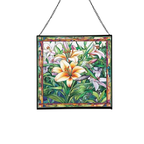 Lily and Hummingbirds Stained Glass Panels Window Hangings Tiffany Glass Traditional Art Crafts for Home Decor Gifts 71OR12