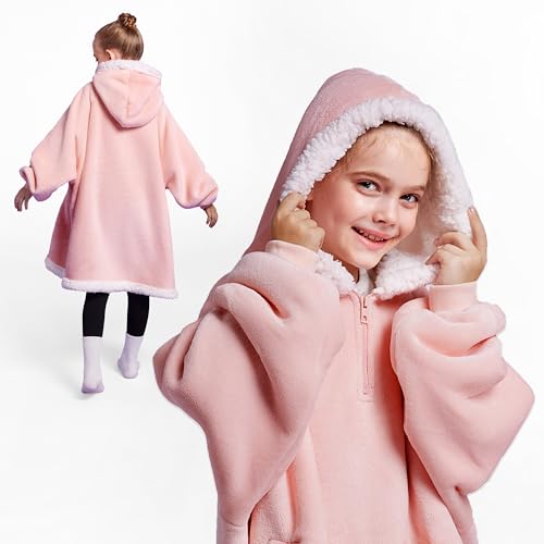 Giggling Getup Wearable Blanket Hoodie for Girls and Boys Sherpa Fleece Hooded Blanket Sweatshirt Warm Cozy Sherpa Wearable Throw Oversized Hoodie with Giant Pocket & Sleeves for Kids Pink