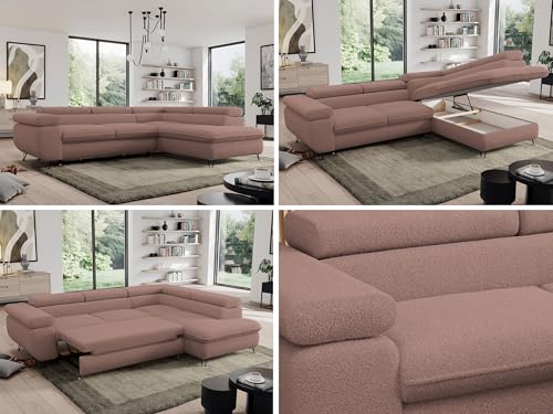 MKS MEBLE Sofa L, Wohnlandschaft L-Form mit Schlaffunktion und Bettkasten, Schlafsofa mit Bettkasten, Ecksofa, Sofa mit Einstellbare Kopfstützen, Pedro L - Rosa Boucle - Rechts