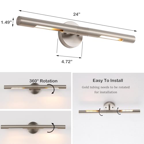 Image of Brushed Nickel Picture Light 24 inches Modern Wall Sconce with Cylinder Metal Shades Rotatable 360Indoor Wall Lighting Fixture Bathroom Vanity Light Bedroom Living Room