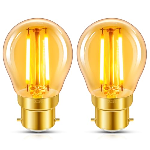 Caldarax B22 Bayonet Vintage Light Bulb, 2W LED Filament Equivalent 20 Watt, Antique Style Retro Amber Glass 2200K Warm White, 200LM, Non-dimmable, Golf Ball G45 Bulb, BC Bayonet Cap, 2 Packs