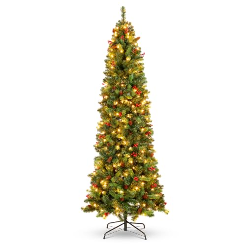 Best Choice Products 6ft Pre-Lit Spruce Pencil Christmas Tree Pre-Decorated w/Twinkling LED Lights Holiday Decoration w/ 250 Lights, 618 Tips, Pine Cones, Metal Hinges & Base - Green
