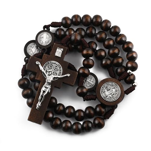 Saint Benedict Wooden Rosary, Dark Brown with Crucifix and Velvet Pouch2