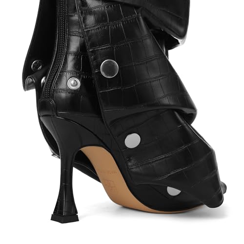 Women's Knee High Matte Faux Leather Pointed Toe High Heels Boots Ruched Stiletto Wide Calf Zipper Slouchy Dress Boots4