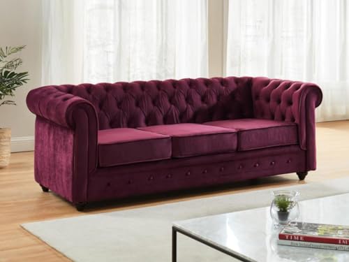 Venta-Unica - Sofá de 3 plazas Chesterfield - Terciopelo Ciruela