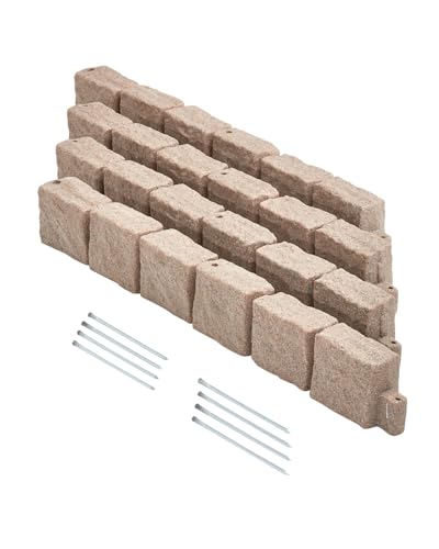 VEVOR Faux Stone Landscape Edging, No Dig Garden Edging Border, Flexible Blocks for Lawn Edging, Flower Beds, Driveway, Yards with 12 Spikes, 4 Pack 24 Bricks 16FT Kit, 46.9" Lx 4" W x 6" H, Brown