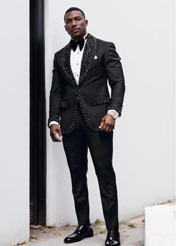 Men's Black Tuxedo Suit with Rhinestone Shawl Lapel, Single Breasted One Button3