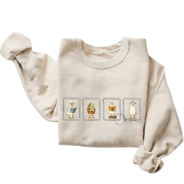 FITIN Unisex Vintage Reading Duck Sweatshirt Whimsical Bookish Duck Stamp Graphic Cozy Neutral Pullover Sand