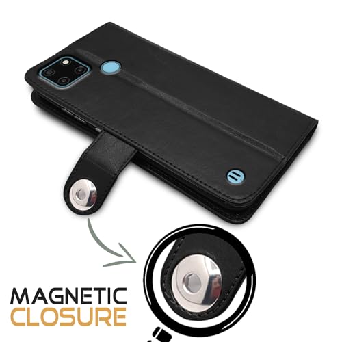 Image of Pikkme Realme C21y Flip Cover Leather Finish | Inside TPU with Card Pockets | Wallet Stand and Shock Proof | Complete Protection Button Flip Case (Black)