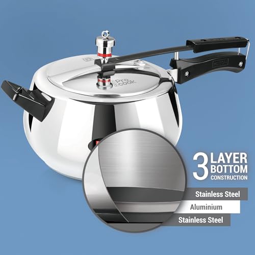 Image of Milton Pro Cook 3-Layer Thick Triply Bottom I Induction Cookware & Gas Stove Friendly Stainless Steel Pressure Cooker 5 Litre | Inner Lid | Safety Valve with Gasket Release System | 5 Years Warranty