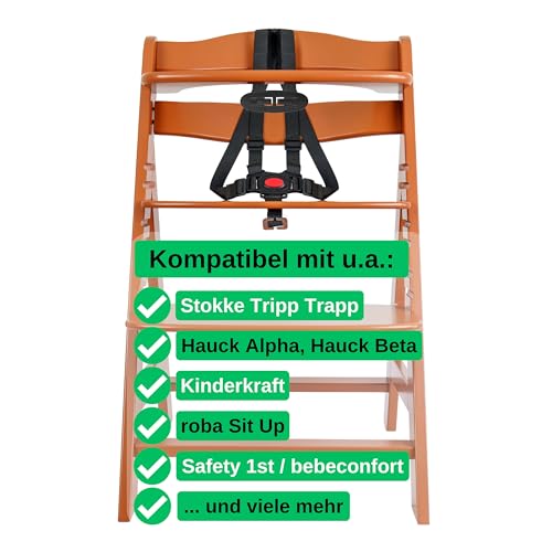 Hochstuhl 5-Punkt Gurtsystem, 1 Set, kompatibel mit Hauck, Stokke Tripp Trapp, Roba, uvm., in Schwarz, Gurt mit Brustclip, verstellbarer Kinderhochstuhl Sicherheitsgurt, Hochstuhlgurt 5 Punkte System