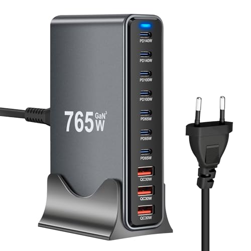 765W USB Ladegerät Mehrfach - 10 Ports Schnellladegerät mit 7 USB C + 3 USB A, Power Ladestation für mehrere geräte kompatibel mit MacBook, iPad, iPhone 16/15/14 Serie, Galaxy S22/ S20, Dell, HP