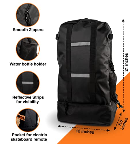 Skateboard Backpack For Any Size Longboard Or Skate Board – Large Waterproof Travel Electric Skateboard Backpack With Compartments For A Laptop, Helmet, Phone, Water Bottle & Loads More #TOP2