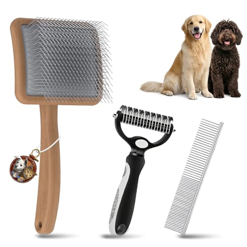 Image of Large Dog 3 in 1 Grooming Kit, Extra Long Pin Dog Slicker Brush | Ideal for Goldendoodles, Poodles; wooden handle; undercoat rake; removing thick mats; tangle deshedding.