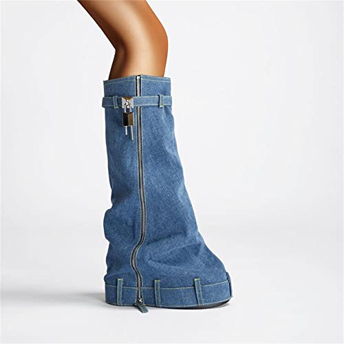 Keleimusi Denim Lock Biker Boots Fold Over Knee High Jeans Boot For Women In Denim Size 9 #TOP6