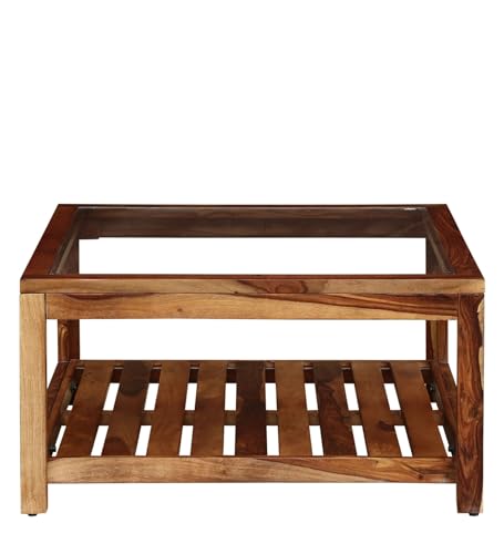 Image of BWF Premium Sheesham Wood Frame & Transparent Solid Glass Top Centre Table for Home, Office and Reception Areas | Coffee Table | Sofa Table | Under Table Shelf Storage (Natural Finish, Square Shape)