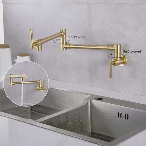 Pot Filler Faucet Brushed Champagne/Drawing Gold Folding Stretchable Wall Mount Kitchen Restaurant Sink Faucet SUS304 Stainless Steel with Double Joint Swing Arm Single Hole Two Handles NPT Commercial by Chiczam - Used condition - Image 4