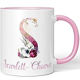 JUNIWORDS Tasse, Scarlett-Chiara, Name Anfangsbuchstabe Initial Alphabet Floral Buchstabe S Monogramm Motiv, Rosa (5539741)