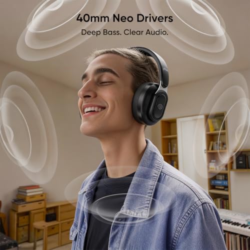 Image of pTron Studio Urban V2, 40dB ANC Wireless Over-Ear Headphones, 65Hrs Playtime, Dual-device Pairing, 40mm Bass Drivers, TruTalk AI-ENC Calls, Custom EQ, 3.5mm Aux, Bluetooth v6.0, Type C Charging (Onyx)