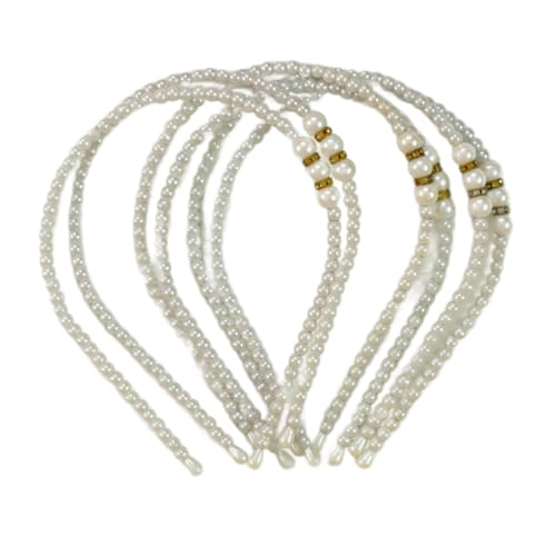 Image of Pearl Beads Hair Band Headband with Stone Decoration, White, Pack of 6