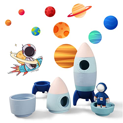 Image of Macabaka Silicone Rocket Toy Set, 5 Pack Baby Stacking Toys With U-Shaped Astronaut, Montessori Pre-School Food Grade Silicone Stacking Rocket for Toddlers 1-3