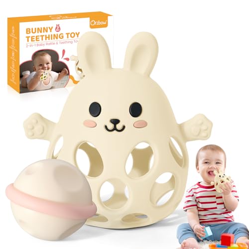 Image of Orzbow Bunny Teether for Baby, Easter Teether with 2 in 1 Rattle & Teething, Easy Grasp Teething Mittens for Babies 3-12 Months, Food Grade Silicone, Newborn Infant Easter Basket Stuffers Gifts, Cream