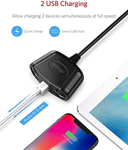Bestek 150W 2-Socket Cigarette Lighter Splitter Power Adapter Dc Outlet Car Charger Splitter Dual 2.4A Usb Car Cigarette Splitter With 26 Inches Cord For Cellphone Gps Dash Cam #TOP3