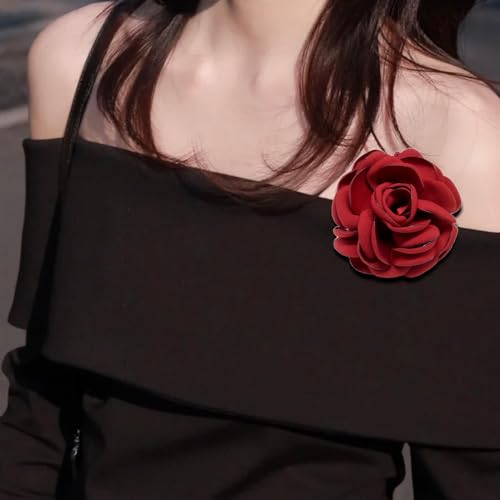 Image of Elegant Satin Fabric Rose Flower Brooch Pin Silk Large Big Camellia Brooch Lapel Pins Plant Floral Hair Clip Pins Wedding Party Jewelry for Women
