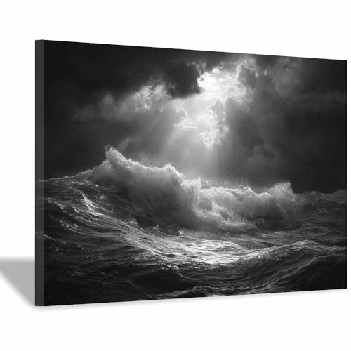 Toile vagues océaniques abstrait noir et blanc encadrée pour habiller un mur vide