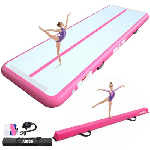 AWSUM Air Gymnastics Mat with Balance Beam 6.6ft inflatable Tumbling Mat Foldable Anti-Slip Beam Gym Equipment for Kids with Electric Pump