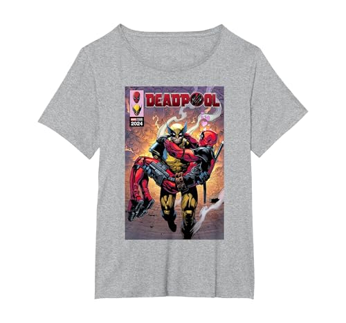 Marvel Deadpool & Wolverine Logan Carrying Wade Comic Cover T-Shirt, Women's Plus, Heather Grey, 1X