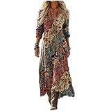 Vestido Largo Mujer Verano Lino Algodón Cuello V Manga 3/4 Estilo Boho Hippie Vintage Estampado Étnico Geométrico Vestidos Playeros Sueltos Casual Tallas Grandes Elegante Fiesta Noche
