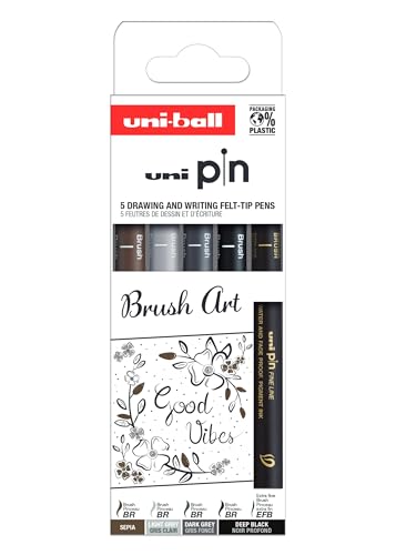 uni-ball - Mitsubishi Pencil - 5 Feutres d’Écriture Spécial Brush Art Uni Pin - Pochette avec 5 Pointes Brush - 2 Noirs - 1 Gris Clair - 1 Gris Foncé - 1 Sépia