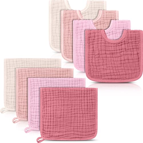 Image of Tallew 8 Pack Muslin Burp Cloths and Baby Bibs for Boy Girl 20 inch x 10 inch Cotton Baby Bandana Drool Bibs Muslin Burp Cloths Absorbent Rag for Newborn Toddler Infant Gifts(Dark Rose Color)