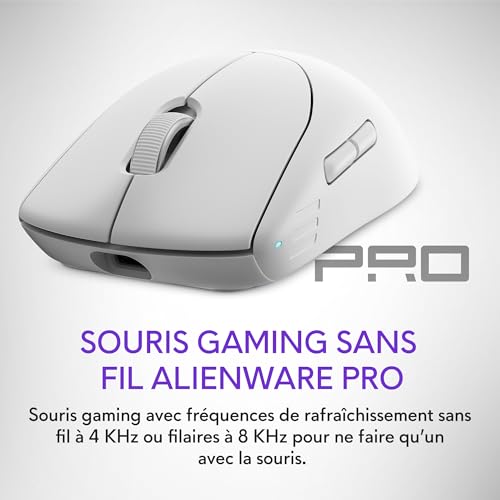Alienware Pro Souris Gaming Sans Fil, réponse 4 KHz, commutateurs optiques magnétiques, ultralégère <60 g, 120 h d’autonomie, capteur 26 000 PPP, Lunar Light